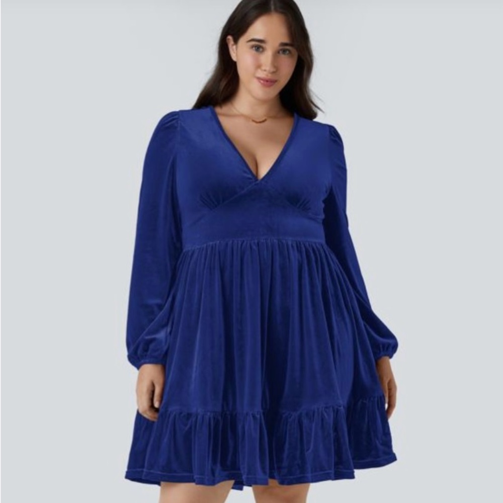 Halara Plus Size Royal Blue Velvet V-Neck Long Sleeve Dress 1X
